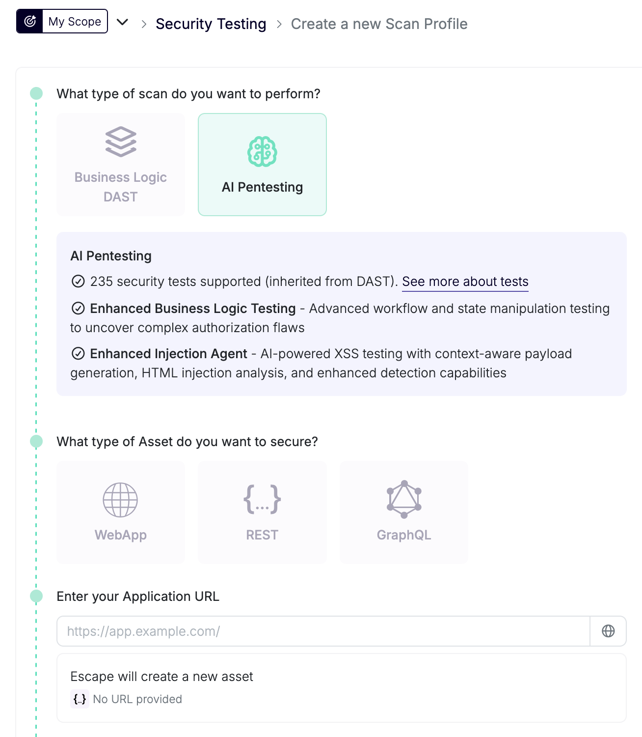 New Scan Profile modal showing application type selection
