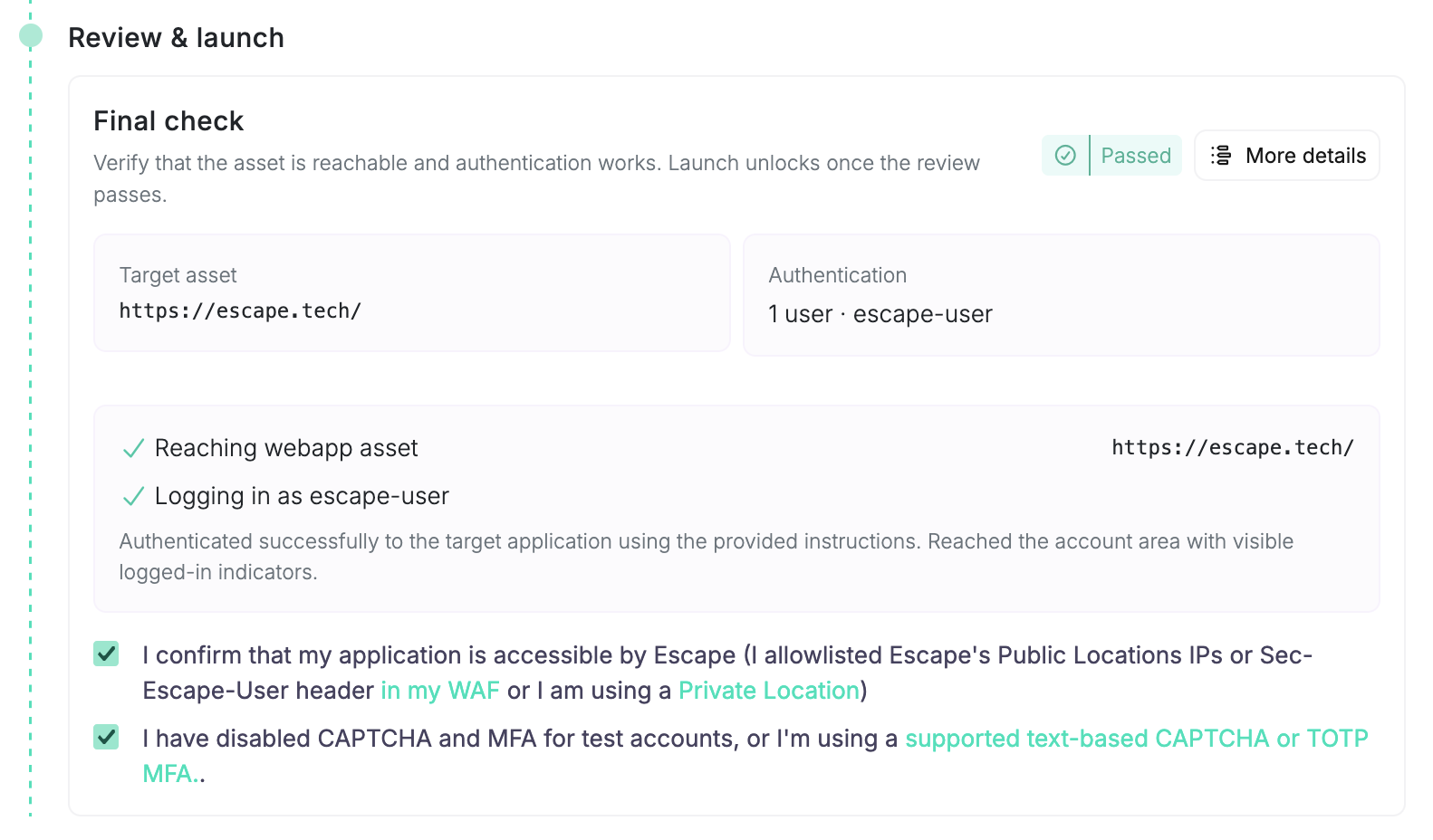Review and launch section after validation passes