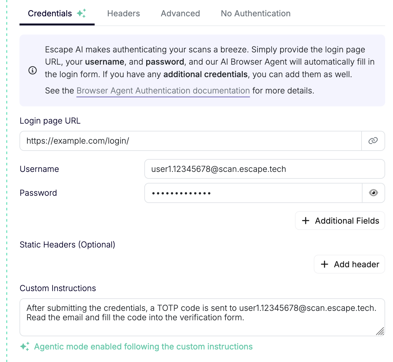 Agentic Browser setup for email OTP in the UI
