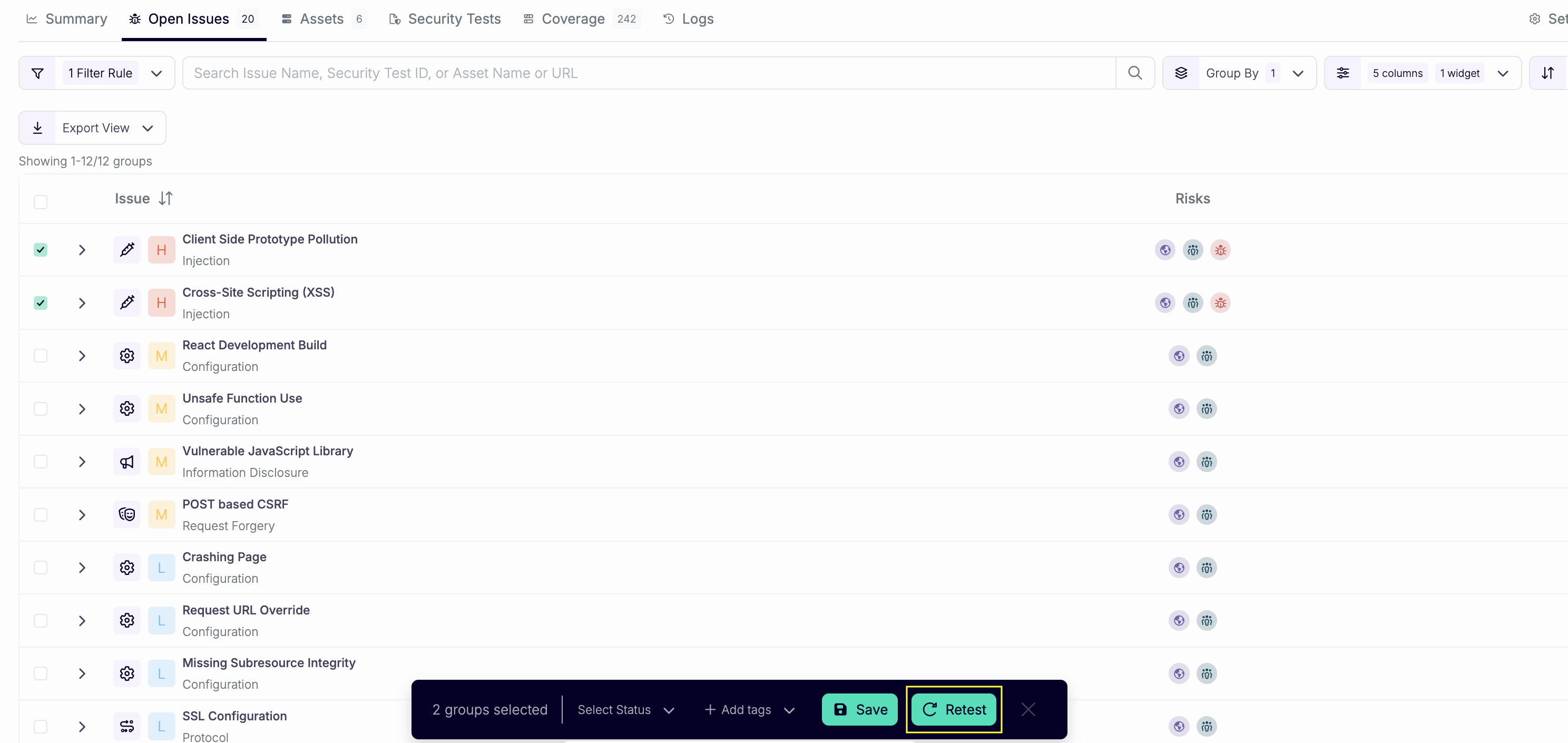 Issues table with rows selected and the Retest button