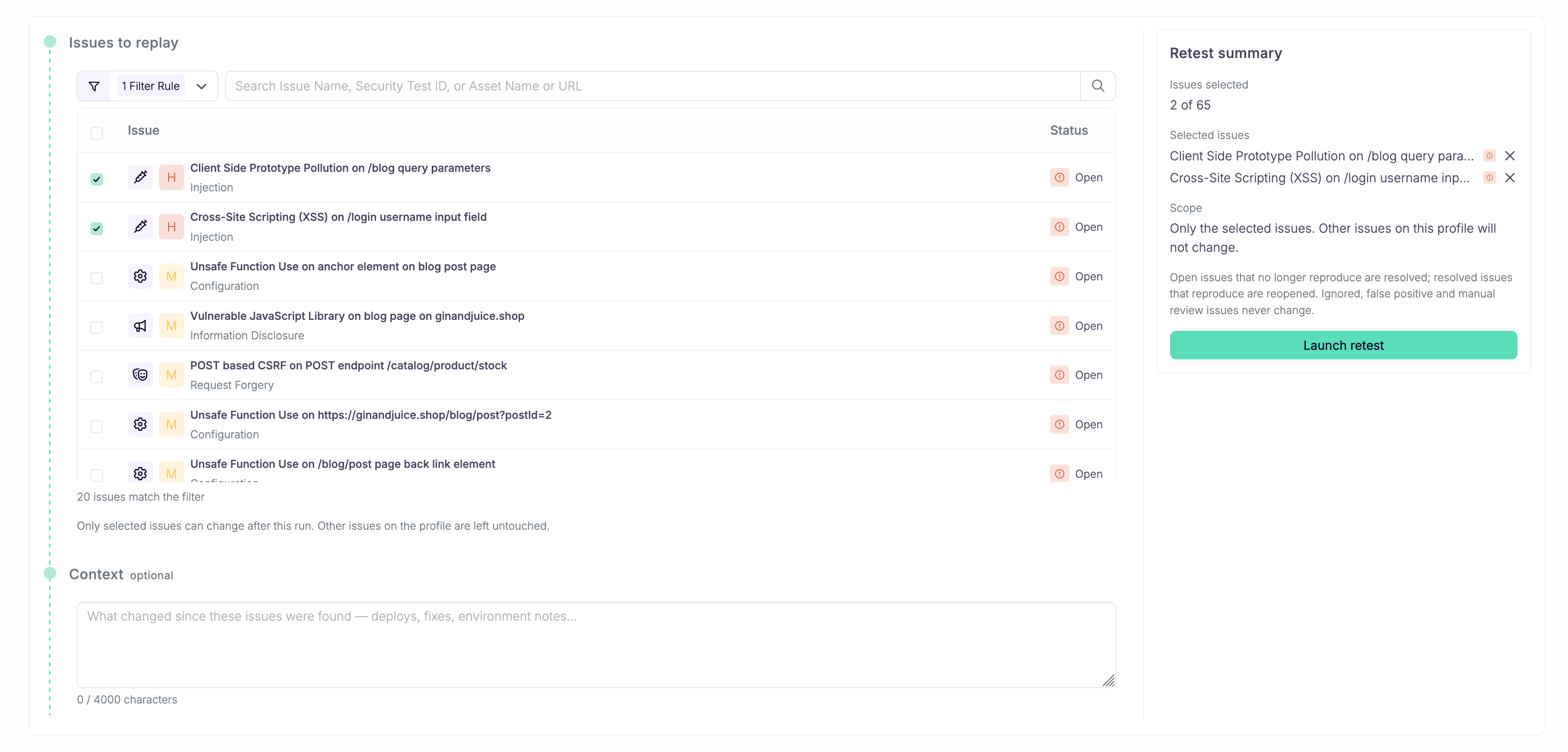 Retest form with the issue selection, context, and Launch retest