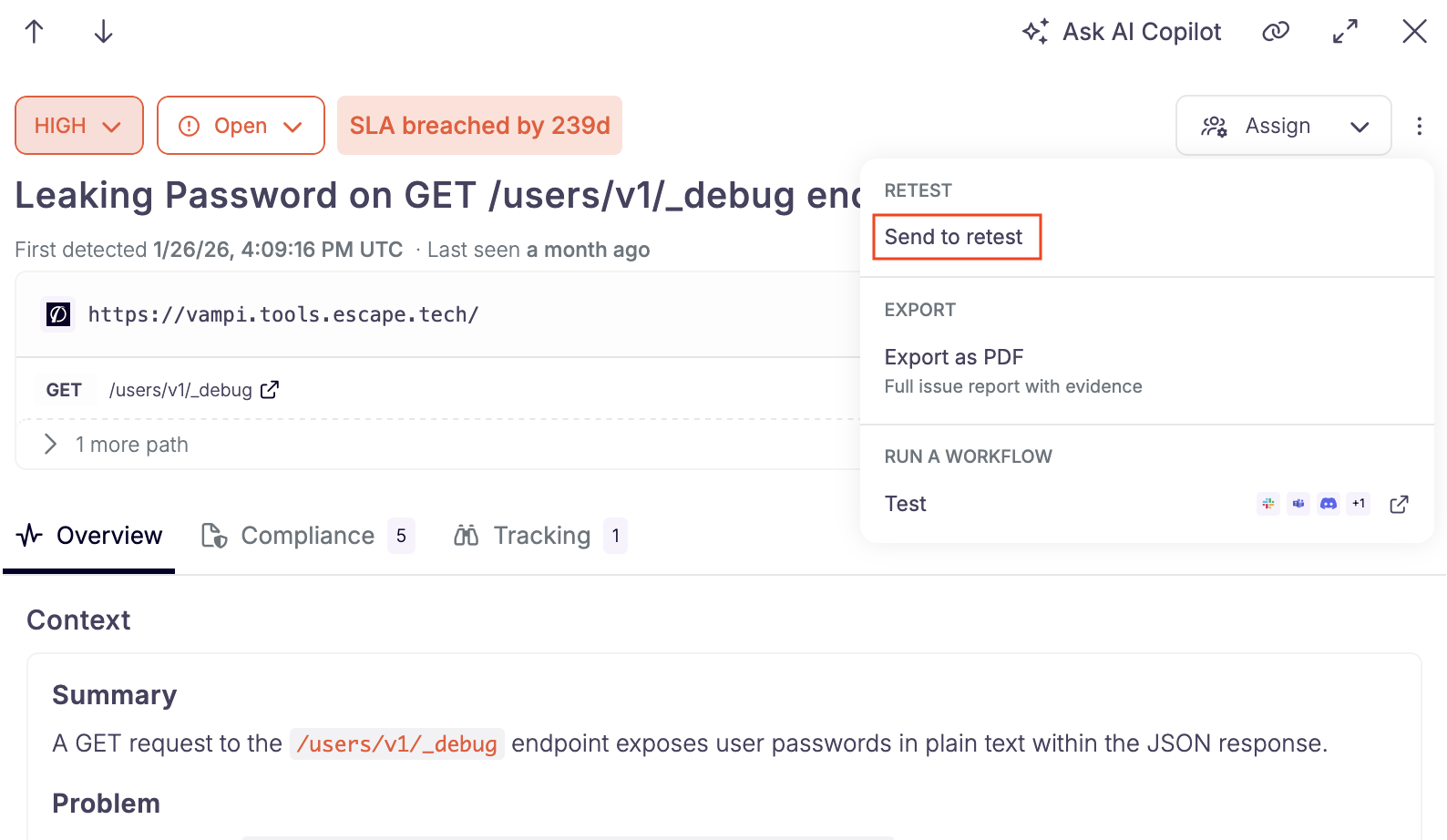 Issue header menu with Send to retest