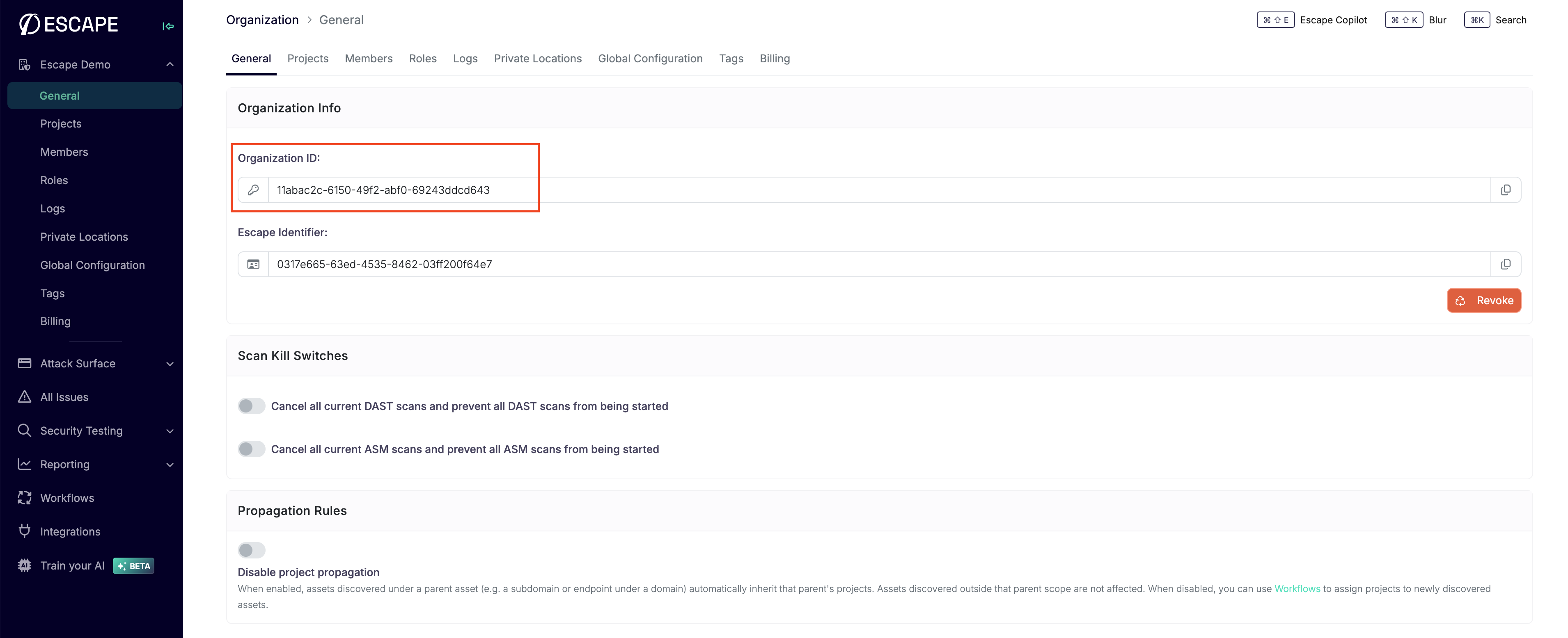 Organization ID on the General settings page