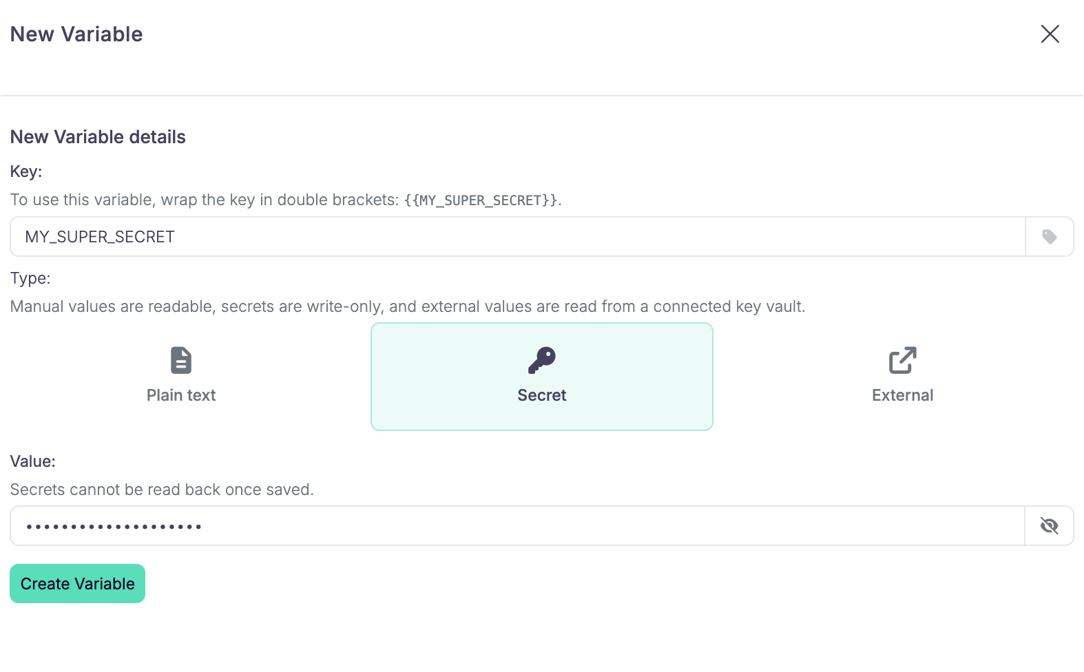 New Variable sidepanel with Secret selected