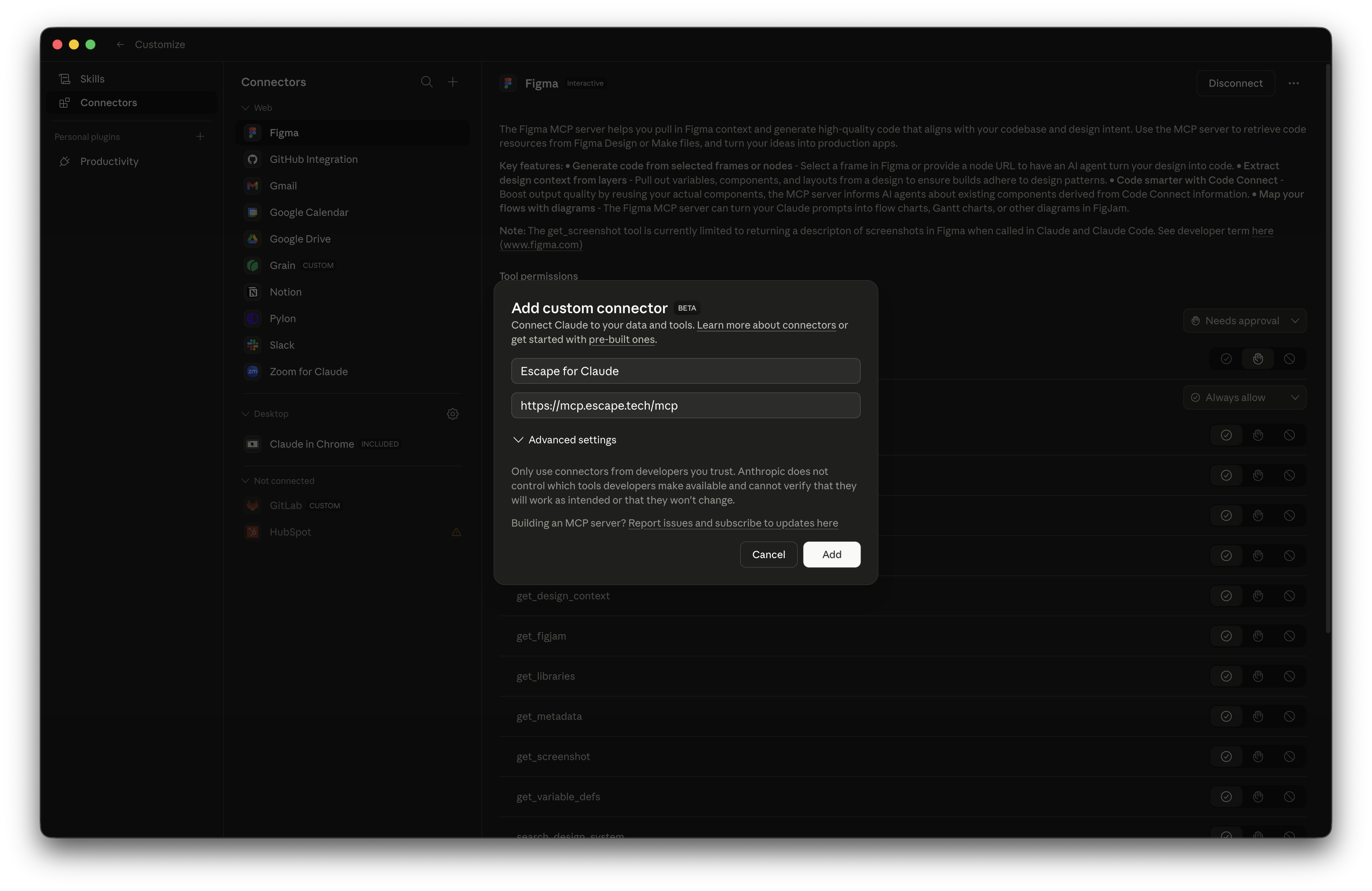Add custom connector dialog with Escape URL