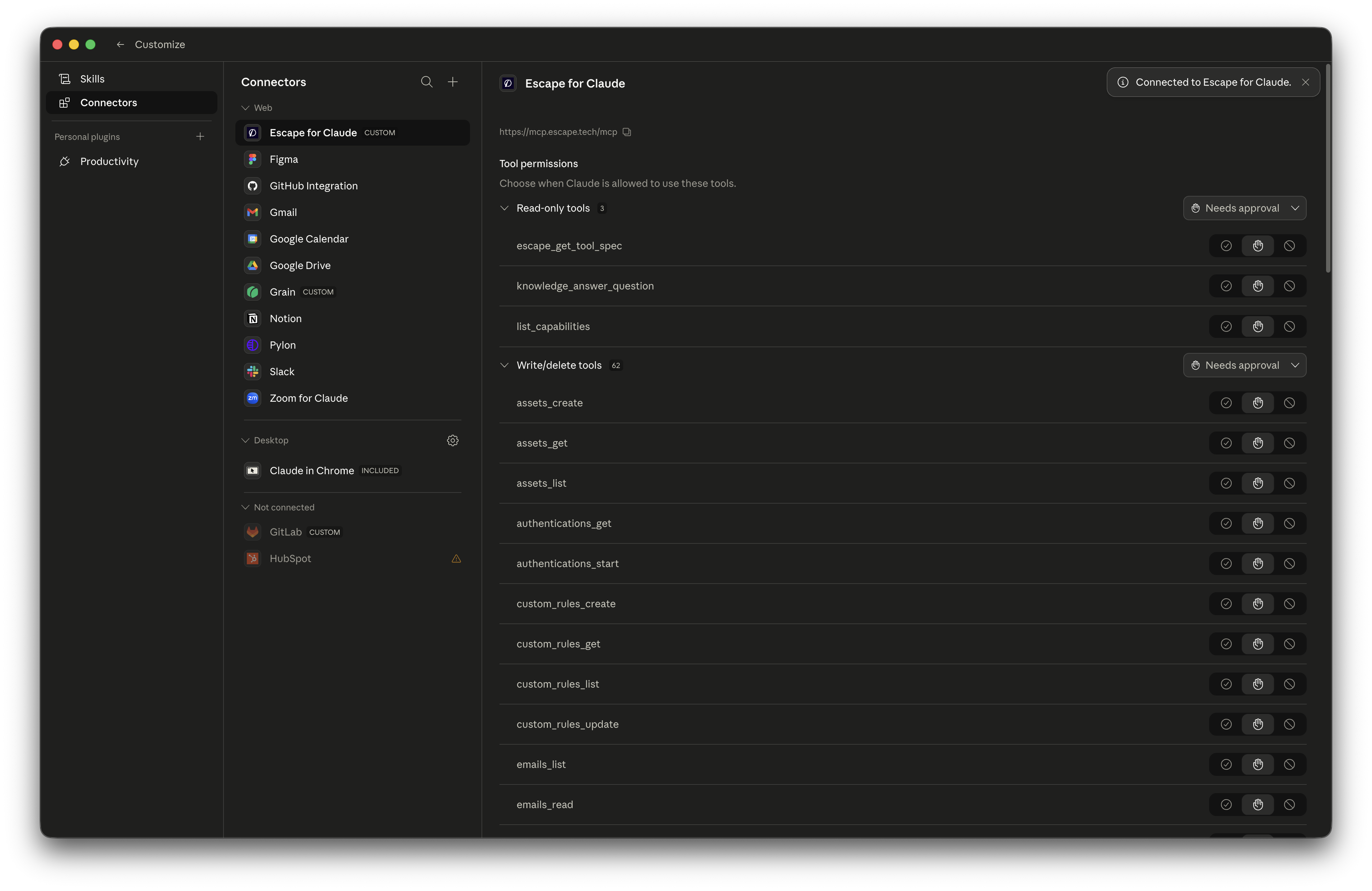 The Escape connector live in Claude with the full tool catalog exposed
