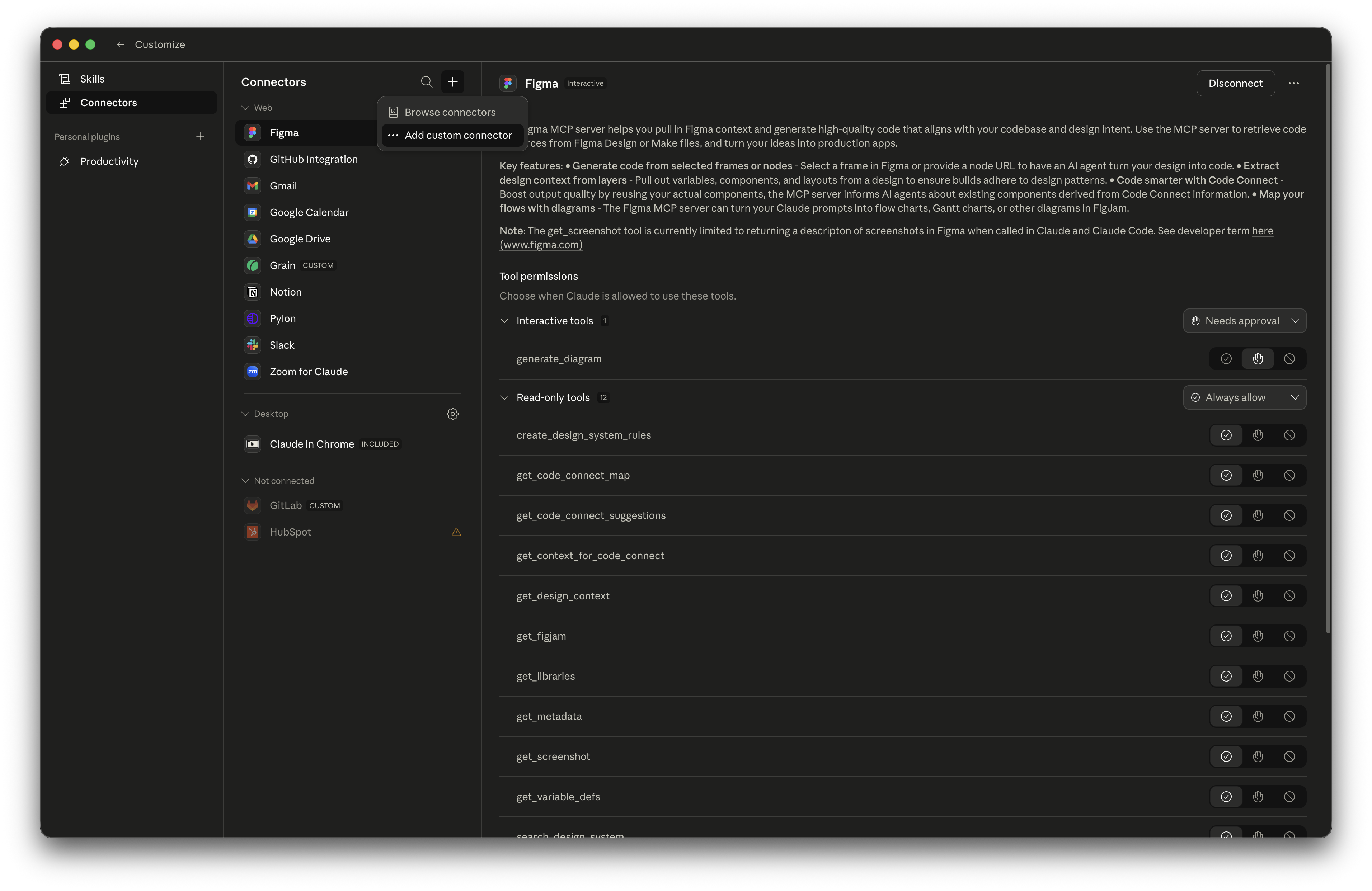 Open the Add custom connector menu in Claude Connectors