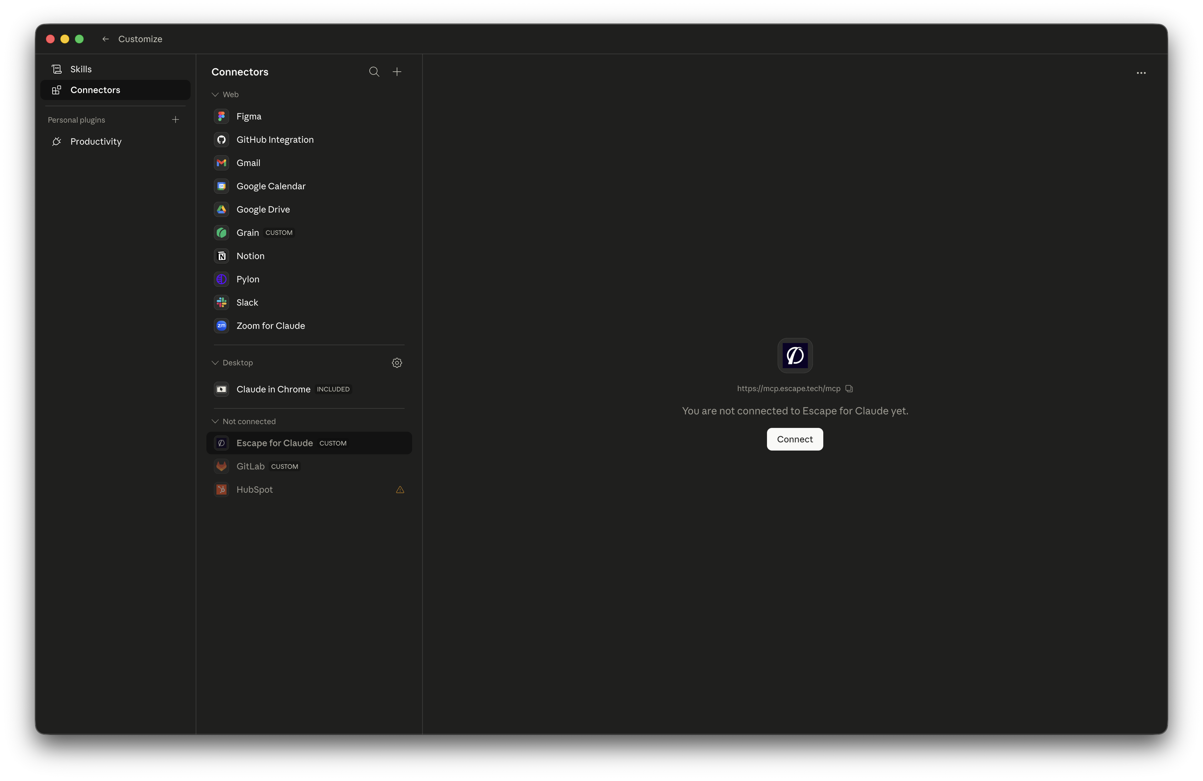 Escape for Claude listed as Not connected with the Connect button
