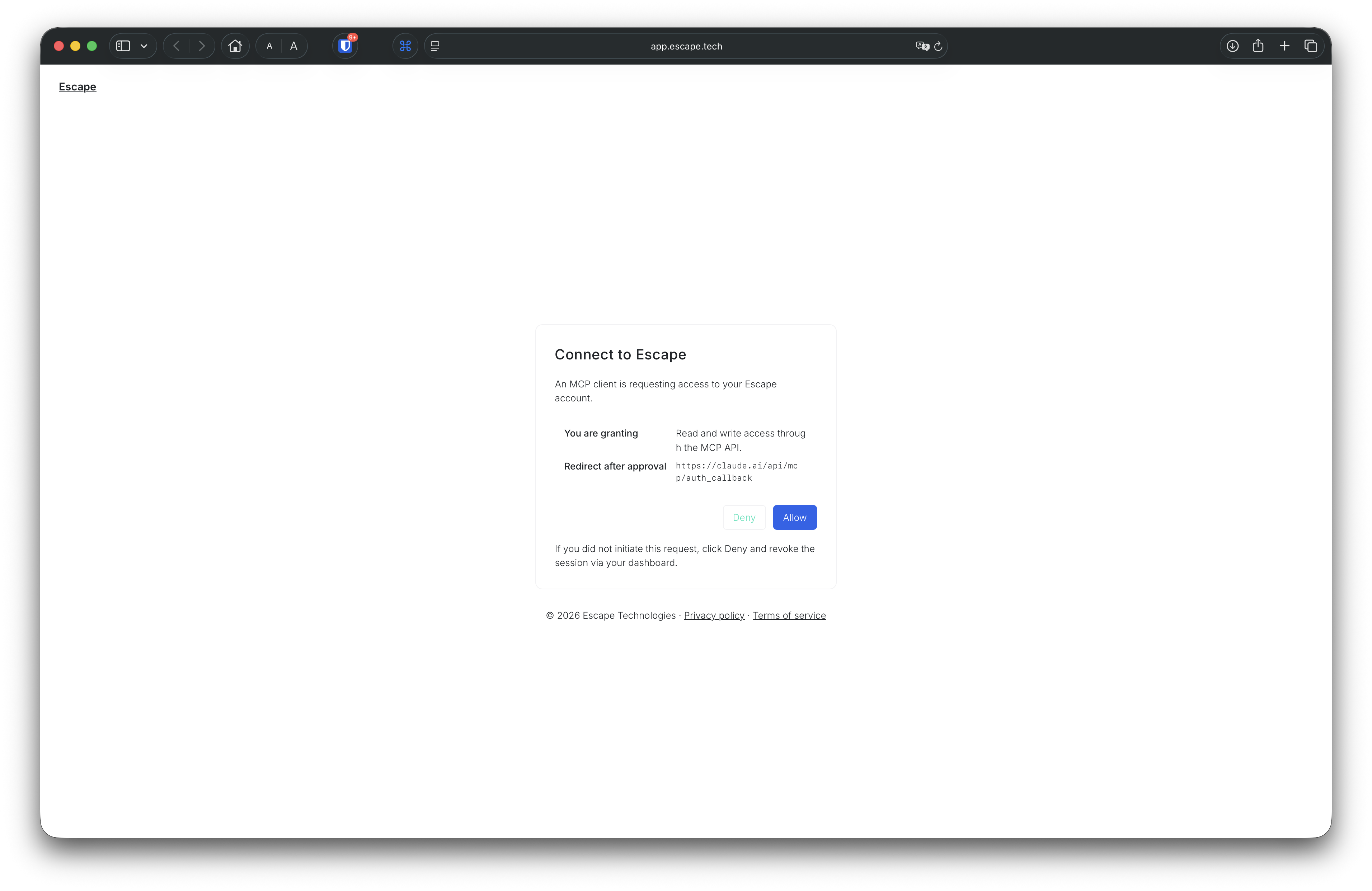 Escape OAuth consent card with Allow and Deny buttons
