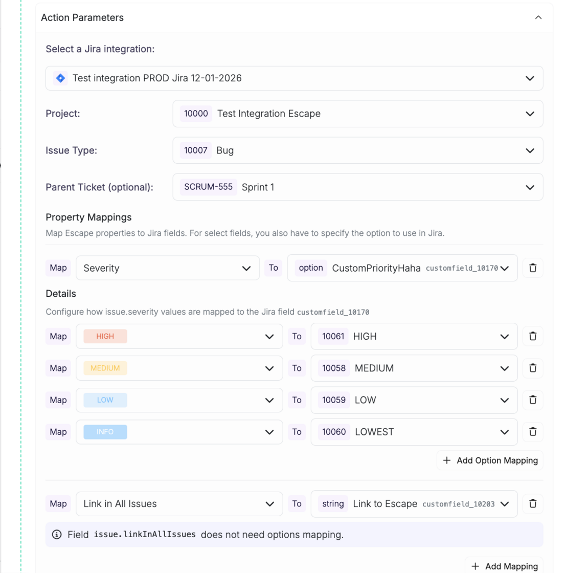 Workflow builder with custom Jira field mappings including dynamic properties and static values configured
