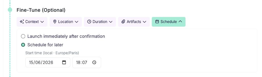 AI Pentest profile form with Schedule tab open, Schedule for later selected, and date and time pickers visible