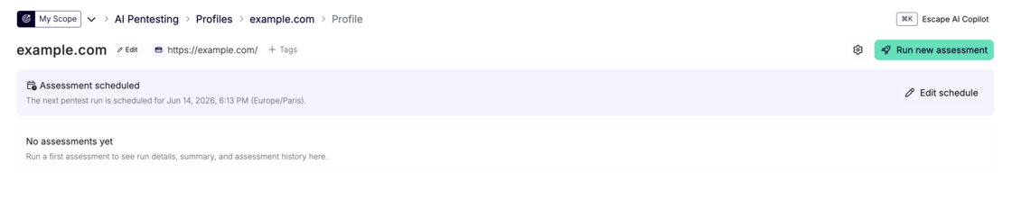 Profile page with Assessment scheduled banner showing the next pentest run date and time