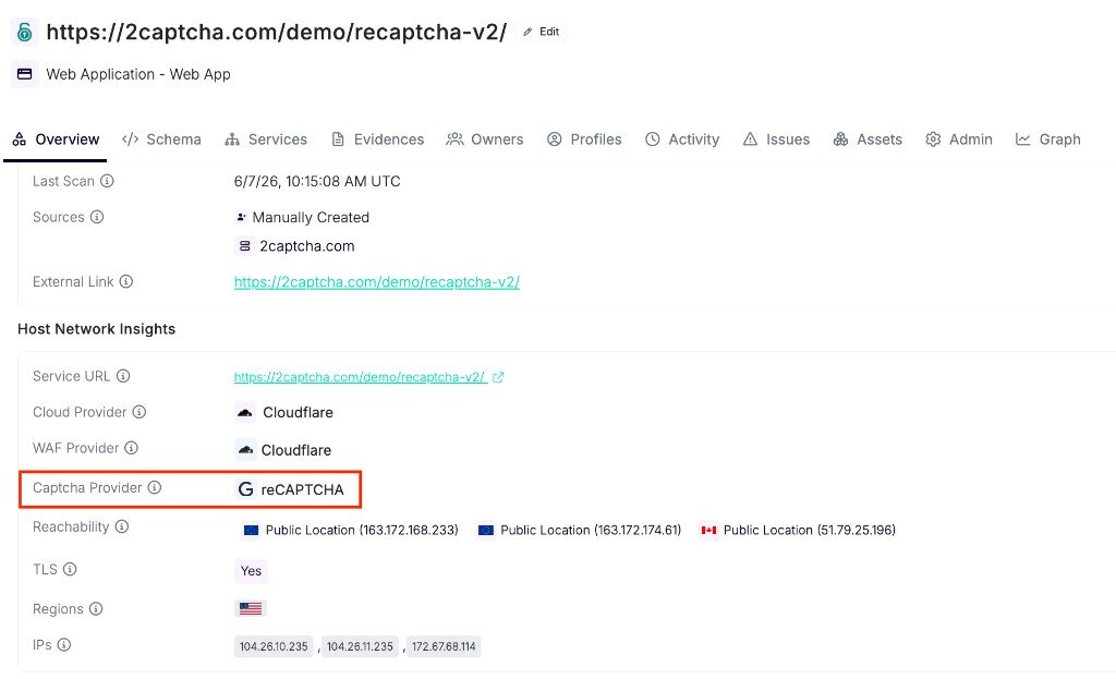 Asset overview panel showing reCAPTCHA listed as the captcha provider in Host Network Insights