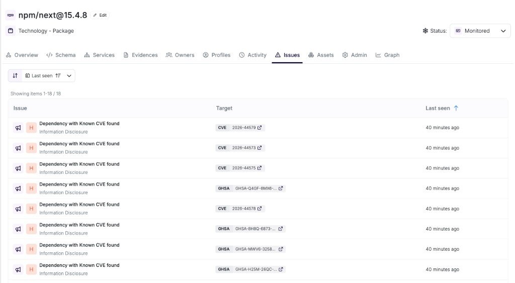 Issues tab on a versioned npm package listing matched CVE and GHSA findings