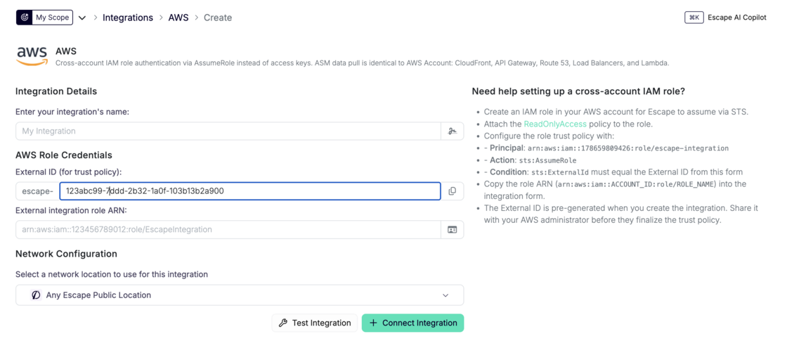 AWS integration setup form with External ID and role ARN fields