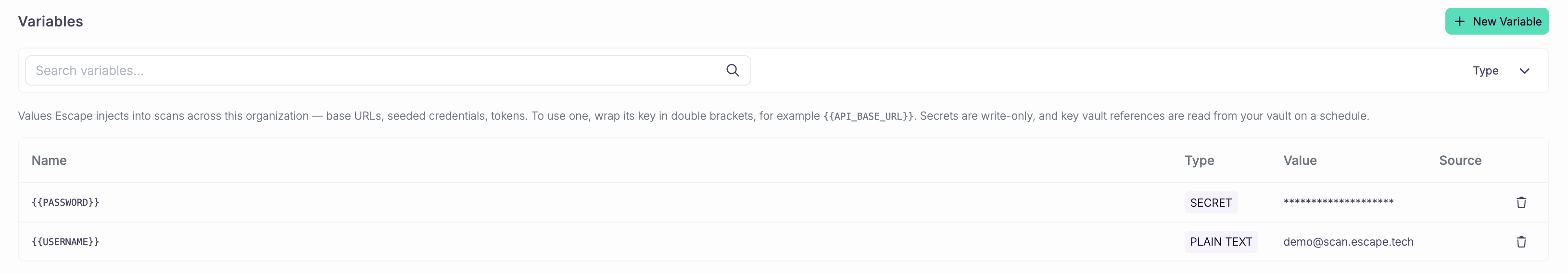 Organization Variables list with a secret row and a plain text row